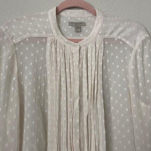 Burberry Brit Top Womens Large Cream Polka Dot Crepe Sheer Pleated Blouse Preppy - Picture 4 of 12